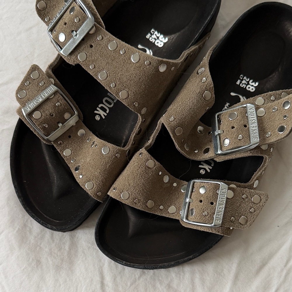 Birkenstock Taupe Suede Sandals with Silver Buckles - Arizona rivet-
